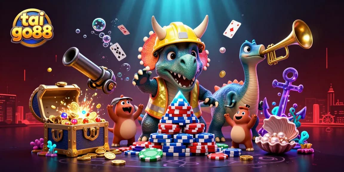 Celebrate winning moments with tai go88, featuring a triceratops building poker chips.