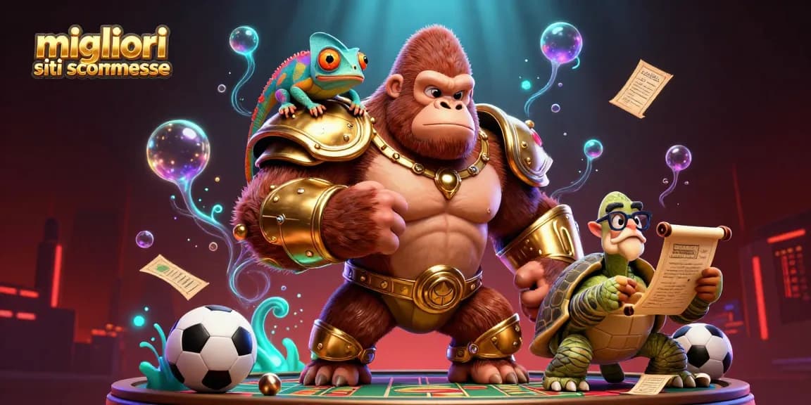 Scommetti sui migliori siti scommesse con questa illustrazione dinamica di un gorilla e un camaleonte, tra elementi sportivi accattivanti.