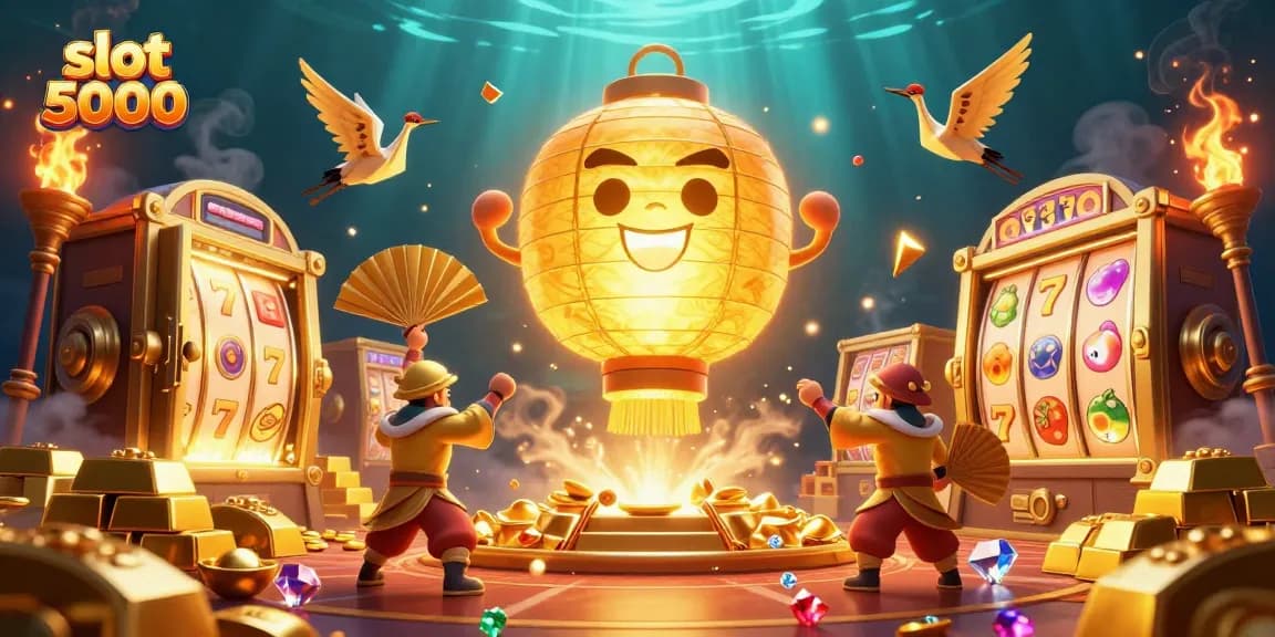 Experience the thrill of winning with slot 5000 as golden lanterns and treasure engulf the casino atmosphere.