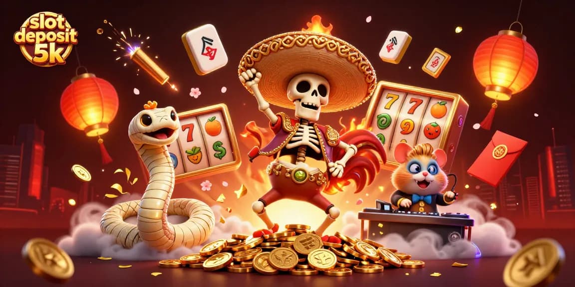 Experience the excitement of slot deposit 5k with a vibrant 3D illustration showcasing dynamic casino elements.