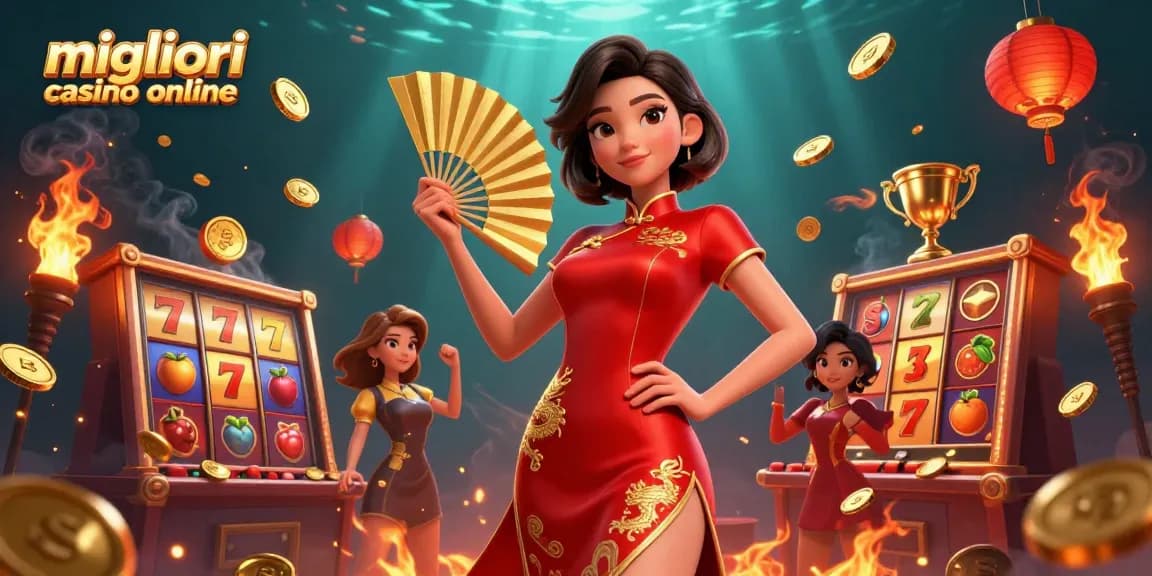 Scopri l'emozione ai migliori casino online con un'impareggiabile illustrazione 3D che presenta una donna sicura di sé circondata da elementi di giochi di slot e monete d'oro.