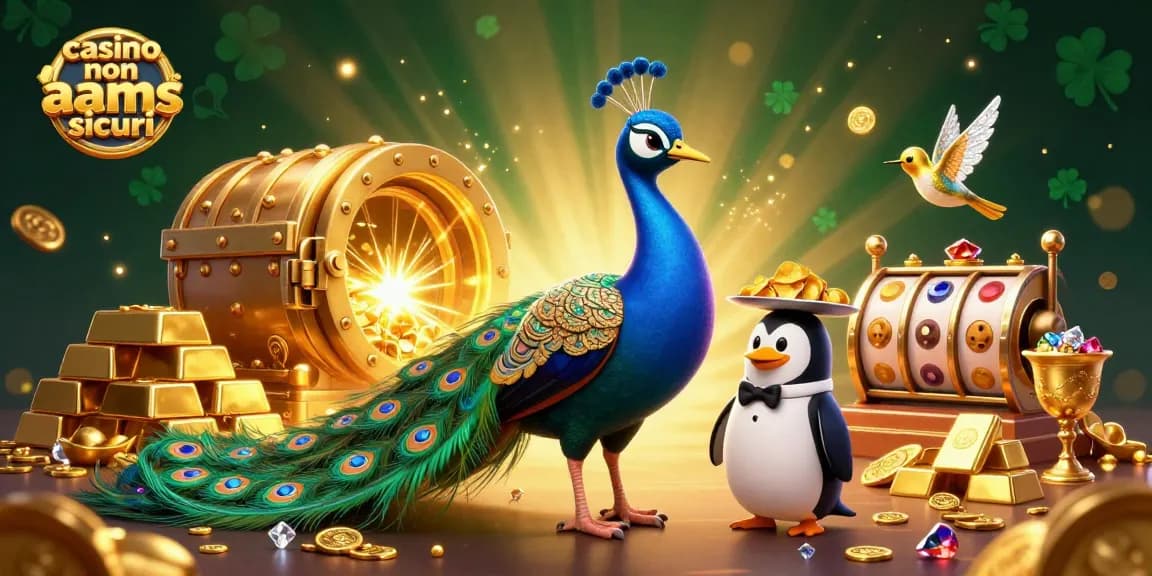 Scopri i casinò non AAMS sicuri, goditi l'illustrazione di un pavone aristocratico e gioielli d'oro scintillanti.