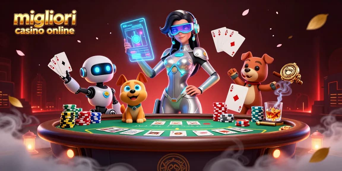 Scopri l'emozione dei migliori casino online con una scena futuristica straordinaria di una donna e un cane robot.