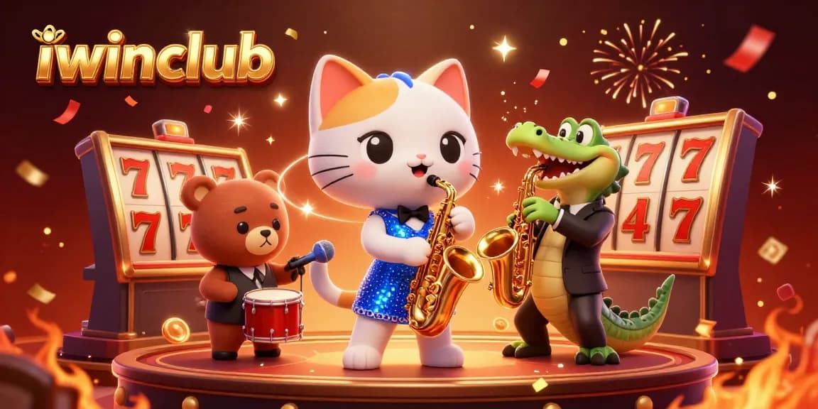 Experience the excitement at iwinclub with a vibrant casino scene featuring a jazzy cat and lively characters.