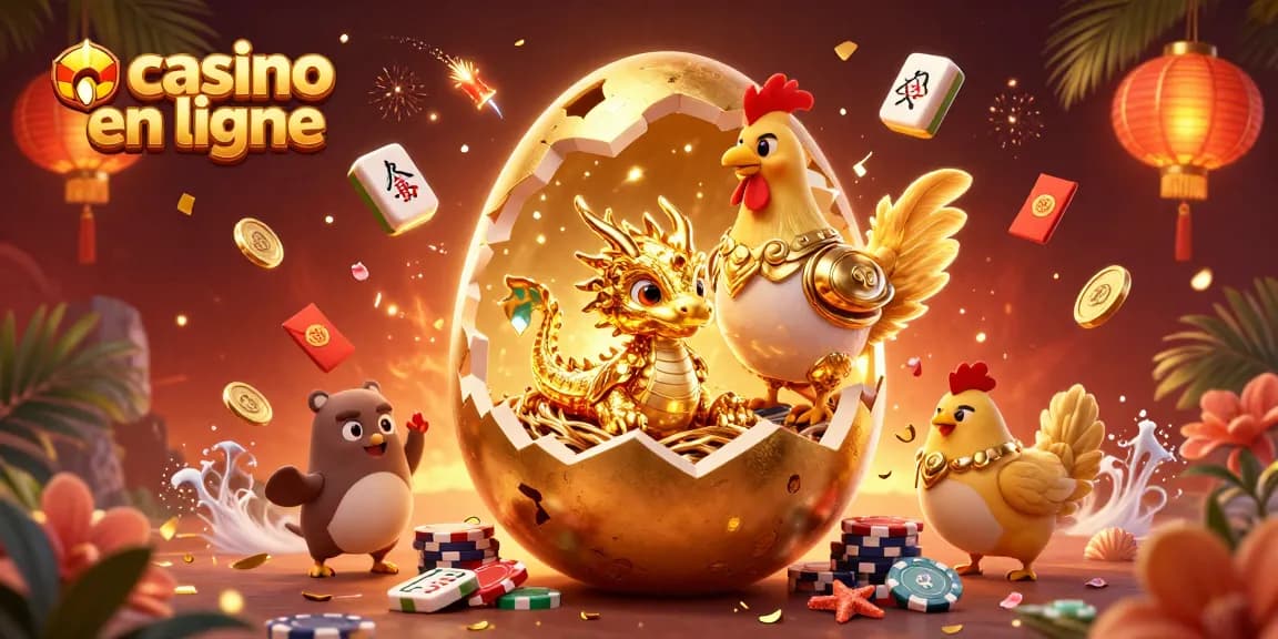 Profitez des jeux captivants du casino en ligne avec un dragon doré et des jetons de poker.