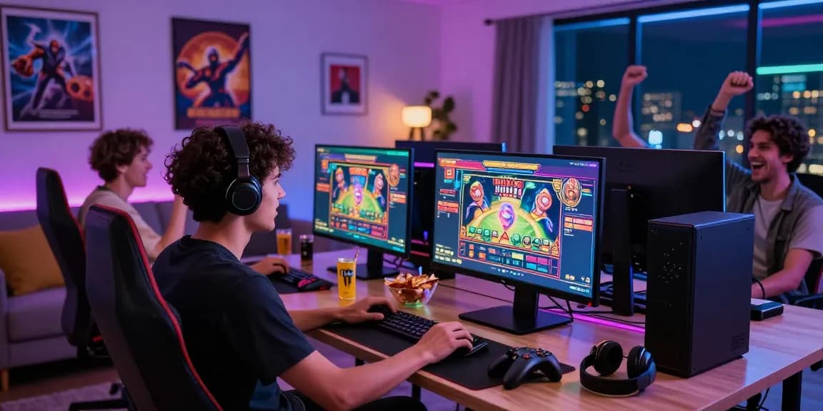 Engaging gaming experience at home with raja328 slot game on screen and friends cheering