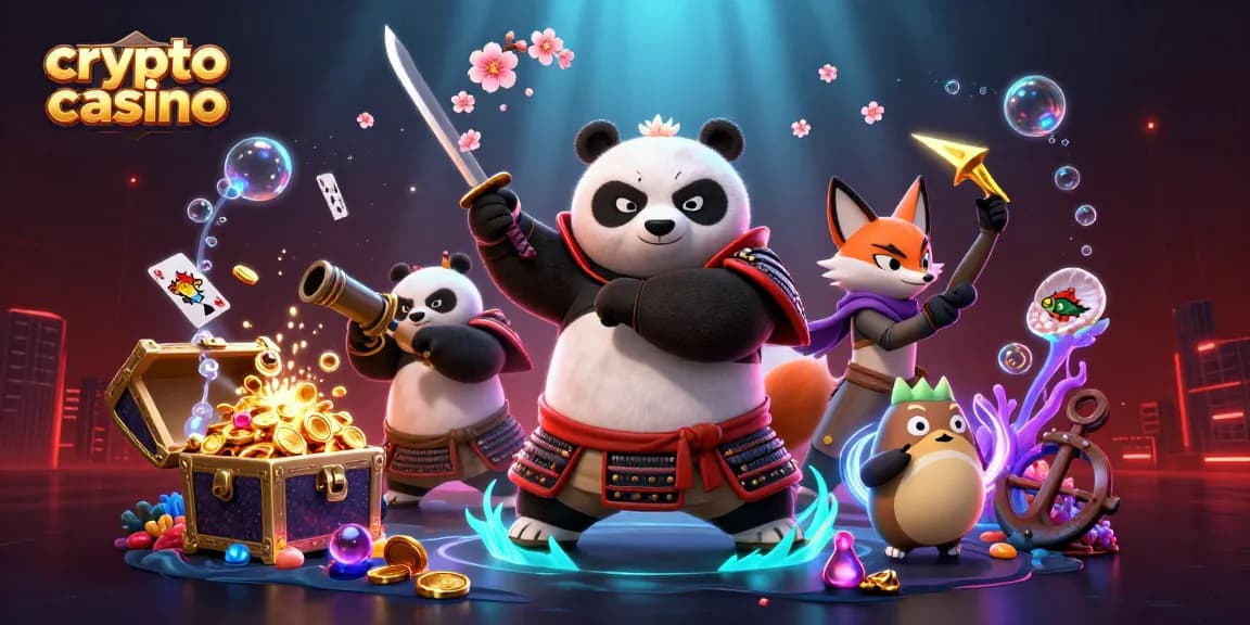 Jouer au crypto casino avec un panda samouraï dynamique, des pièces d'or et des jeux passionnants.