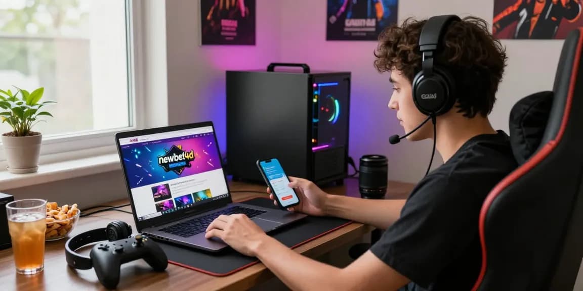 Experience the excitement of online betting with newbet4d featuring a user engaged on laptop and smartphone.