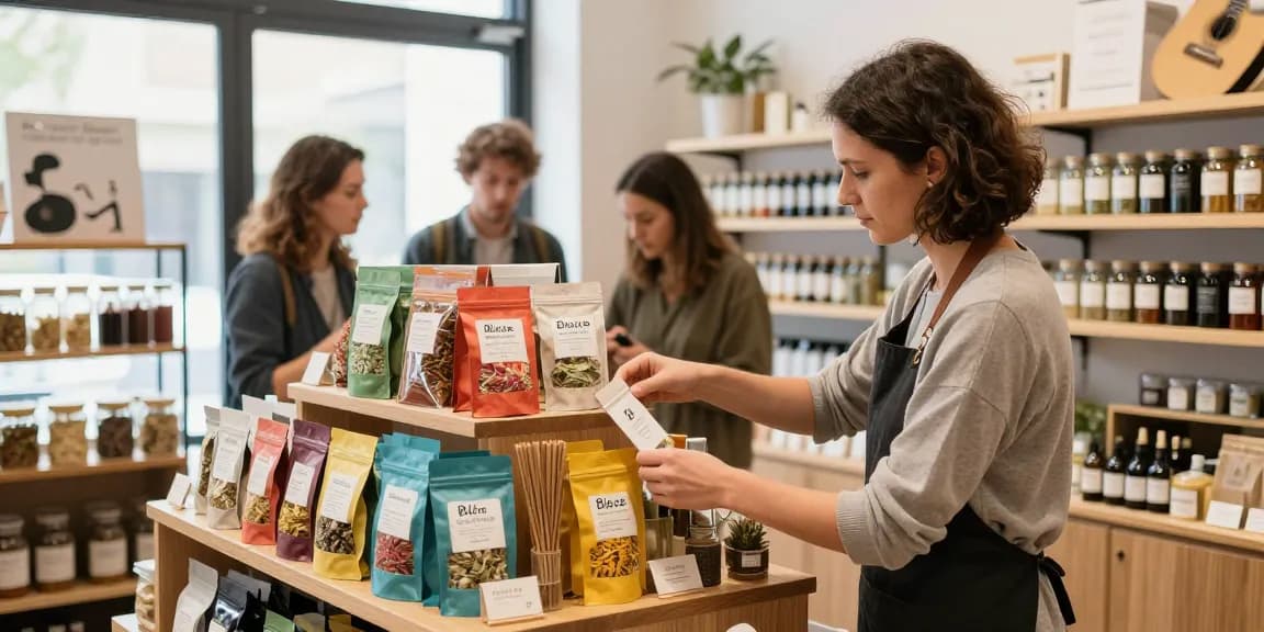 Shopkeeper arranging blaze-potent-potpourri-k2-paper-shop products in a bright herbal shop.