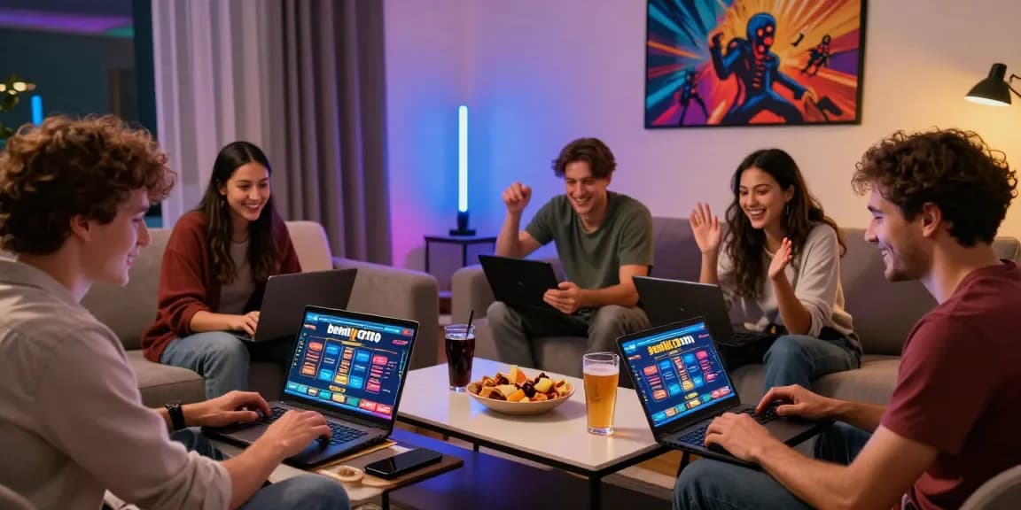 Engaging friends playing benihtoto 2026 games in a modern home setup with colorful lighting.