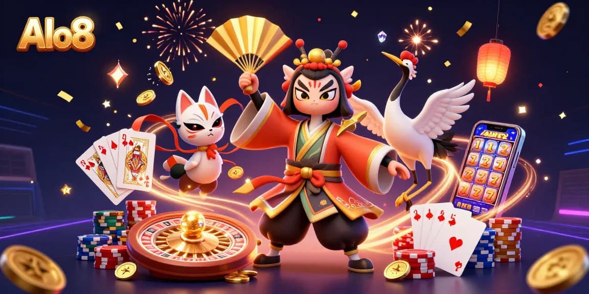Alo8 showcases a vibrant casino scene with characters, jewels, and playful elements celebrating gaming.