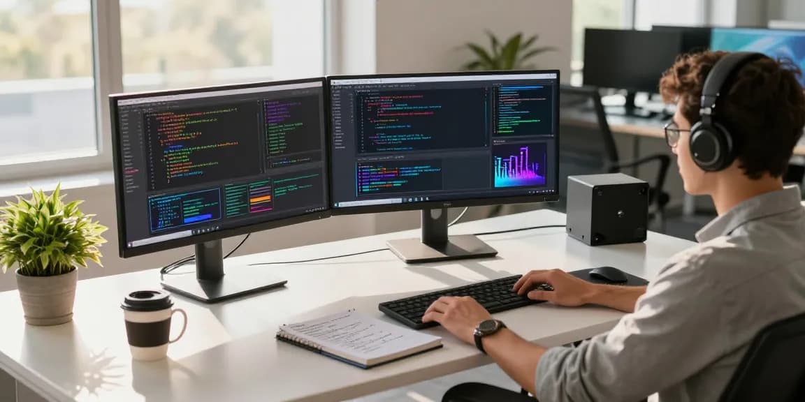 Developer in a tech workspace using openclaw skill, surrounded by monitors and coding tools.