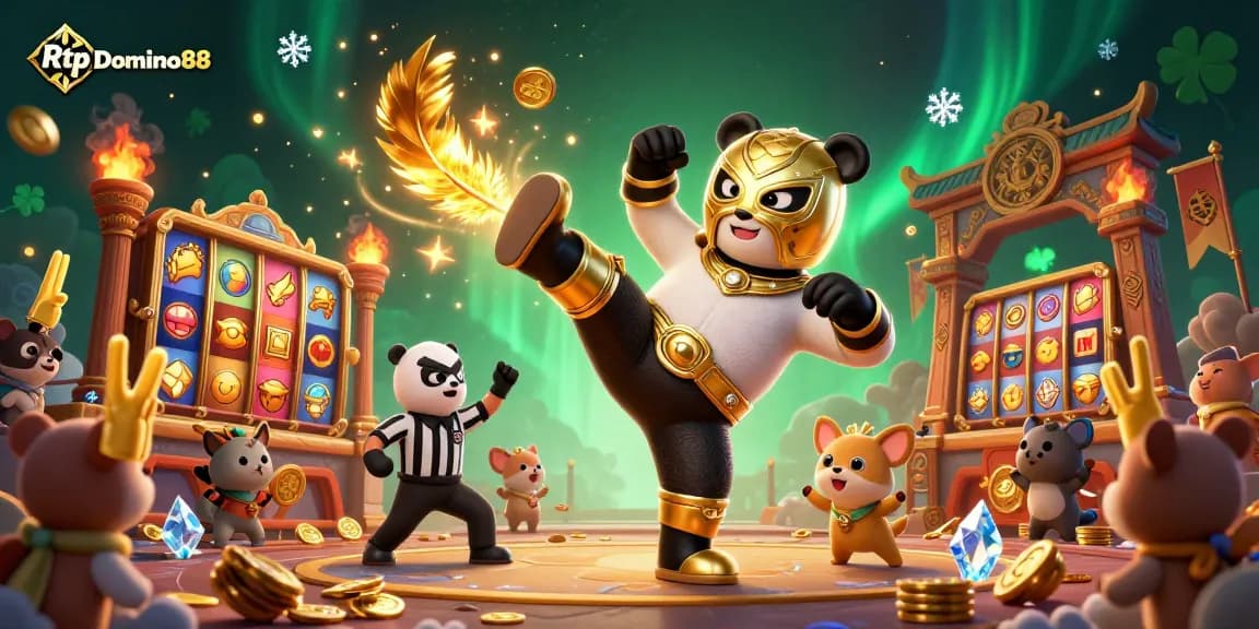 Witness the excitement of Rtp Domino88 as a wrestling panda kicks in a vibrant casino scene.