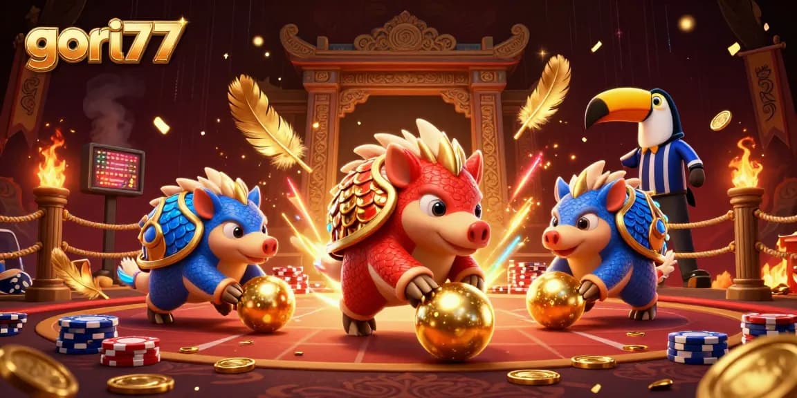 Gori77 pangolins bowling through poker chips in a thrilling casino showdown.