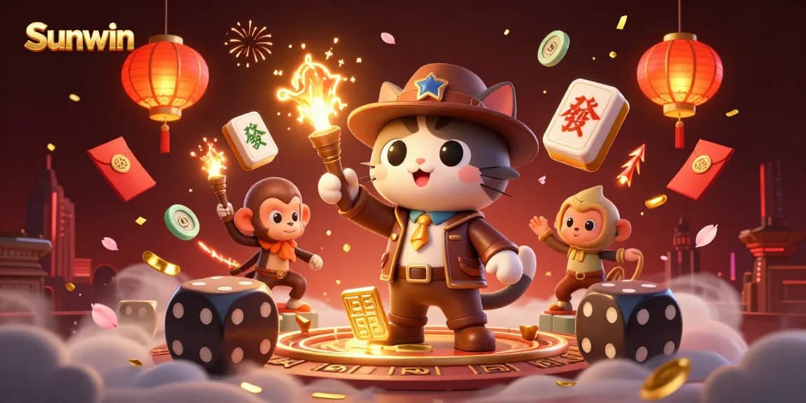 Sunwin showcases a vibrant casino adventure with an explorer cat and monkey discovering treasures in a mystical temple.