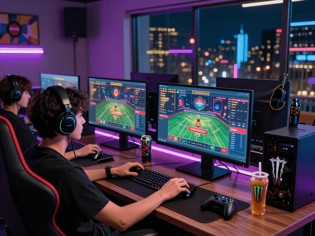 Engaging scene of online gaming with colorful lights and gaming screens for daftar toto 4d players.