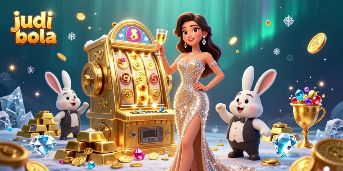 Engage in judi bola action with vivid scenes of a glamorous woman, golden slot machine, and a cartoon bunny, celebrating wins.