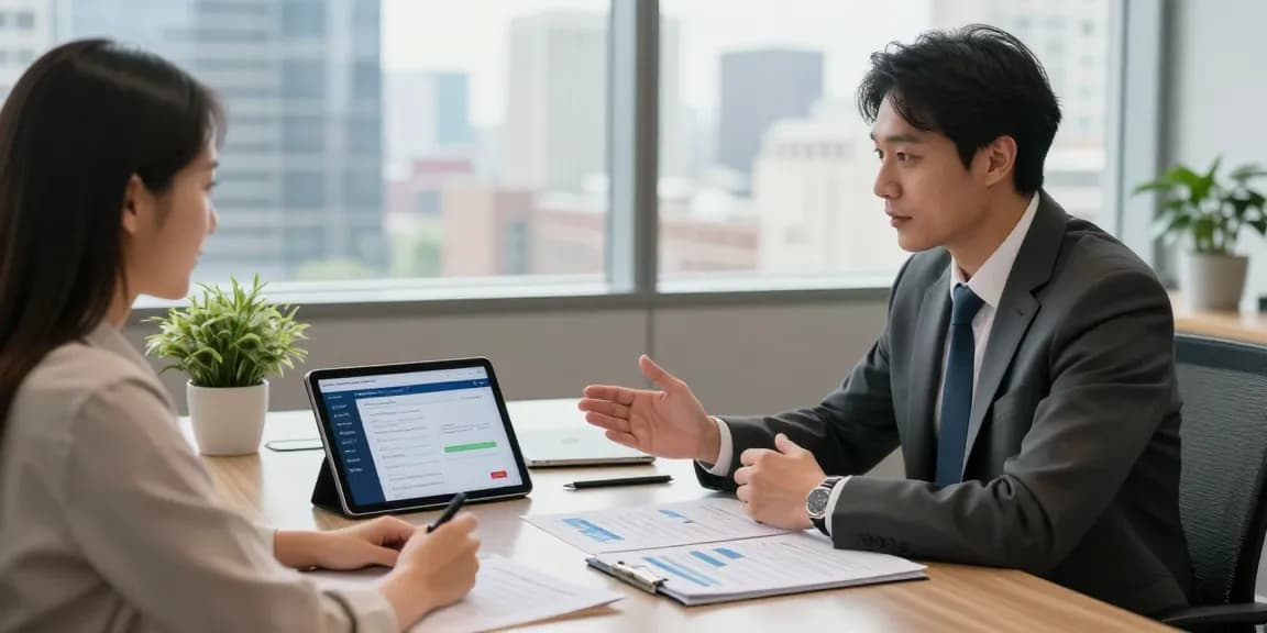 Engaging consultation on live transfer merchant cash advance leads between advisor and business owner in modern office.