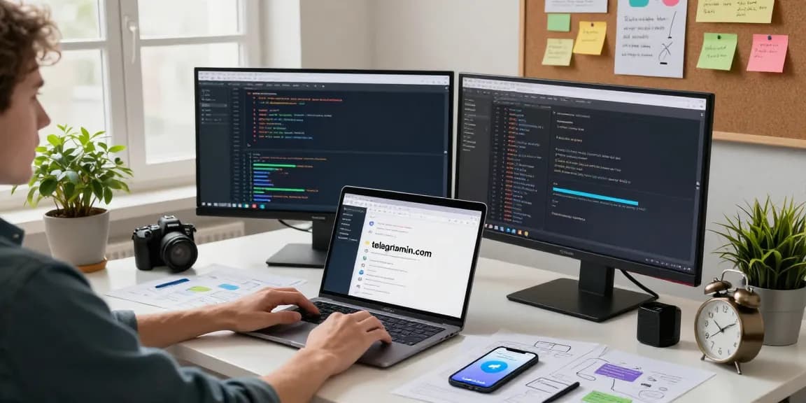 Explore telegraimin.com in a modern tech workspace filled with vibrant ideas, coding screens, and messaging innovation.