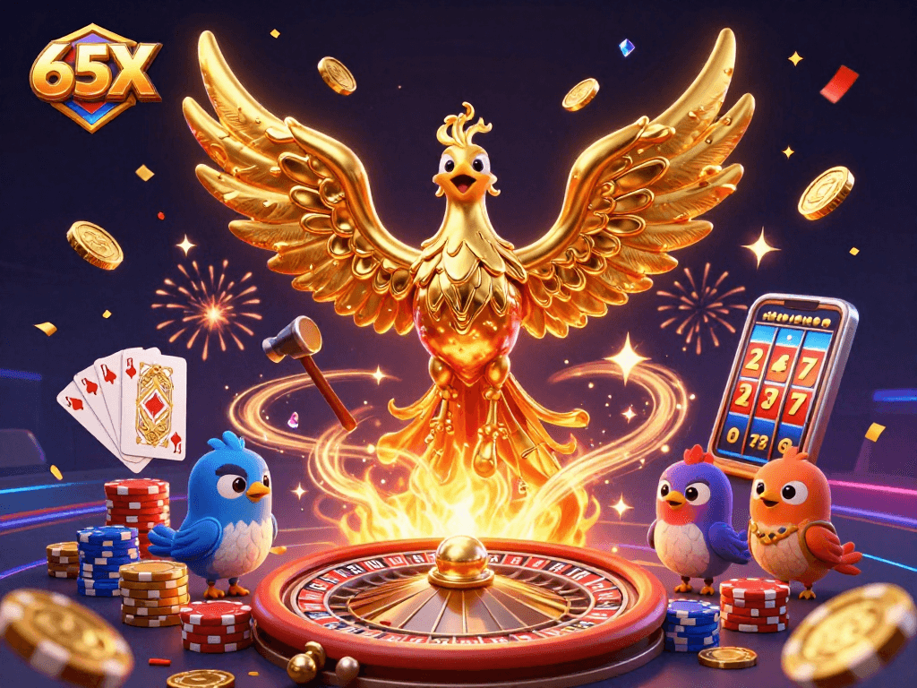 Atraia ganhos com 65X, uma cena vibrante de jogos e animação com detalhes metálicos e moedas douradas.