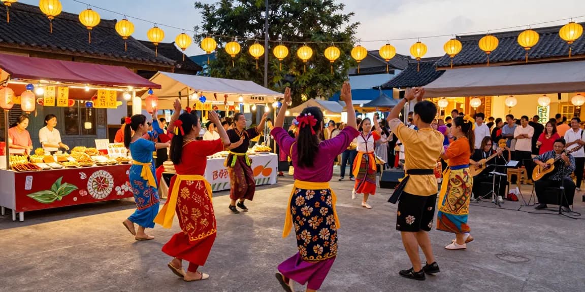 Asian cultural festival scene with lively dance and delicious food, highlighting the community aspect of https://hanadultalk.com.