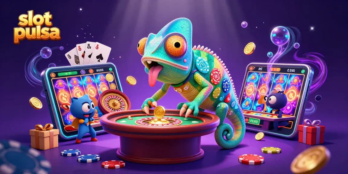 Enjoy exciting slot pulsa games with a colorful chameleon casino owner amidst spinning reels and golden coins.