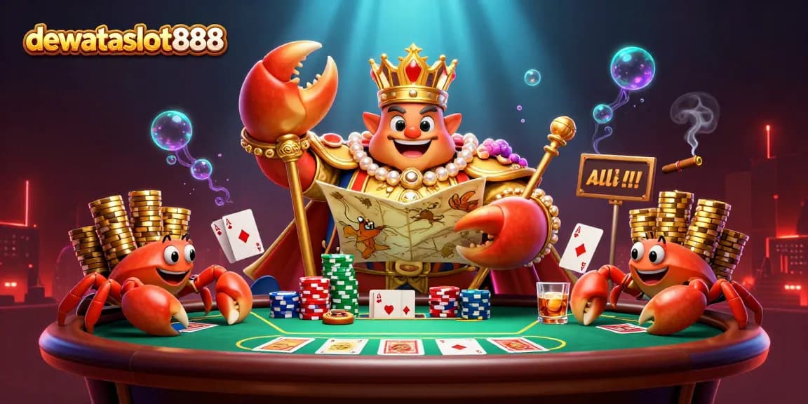 Permainan kartu di dewataslot888 dengan kepiting emas dan kerabatnya membawa tumpukan chip emas.