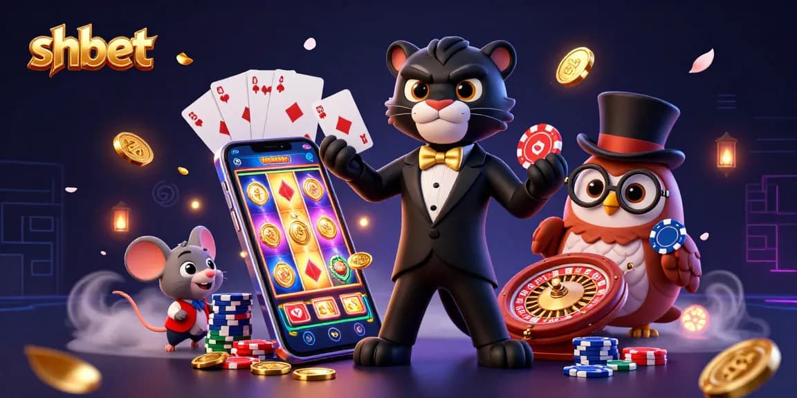 Experience thrilling gaming with shbet featuring a panther dealer, owl, and mouse in a lively casino scene.