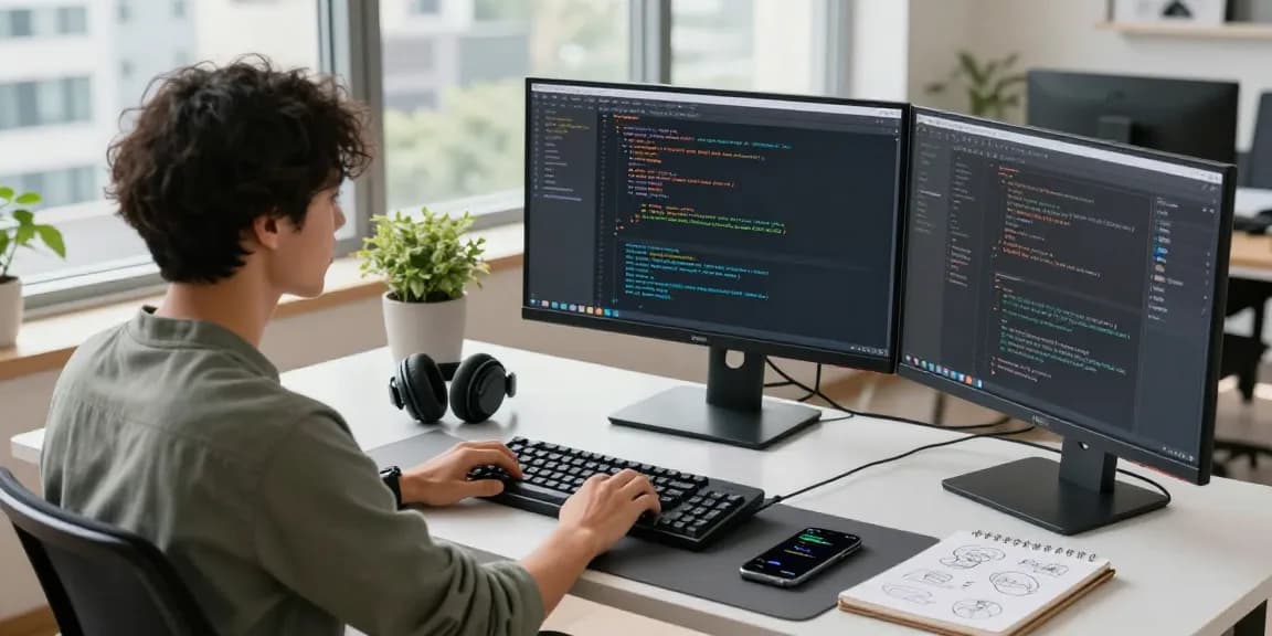 Developer coding in a modern workspace with a focus on 纸飞机中文版.