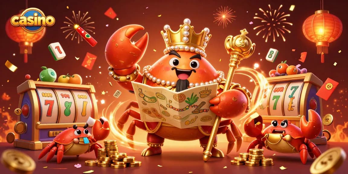 Experience the thrill of a casino with a golden crab emperor presiding over a vibrant game scene.