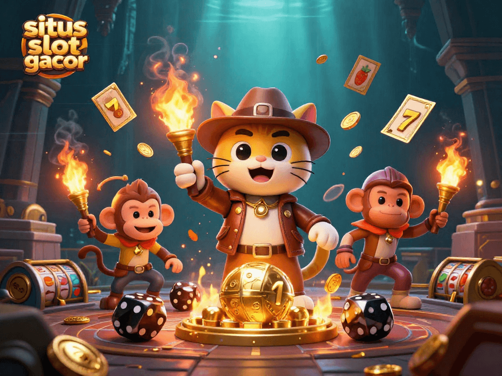 Engage with situs slot gacor as a cartoon explorer cat uncovers treasures among slot reels and golden artifacts.