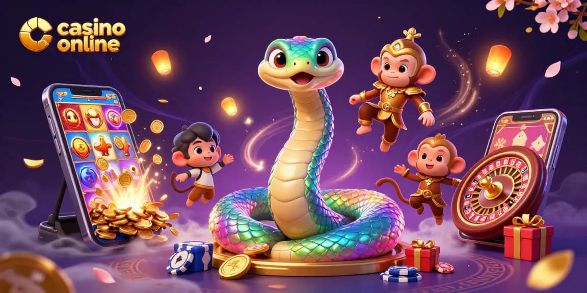 Scopri il mondo del casino online con un serpente arcobaleno e un re scimmia in un'illustrazione vibrante.