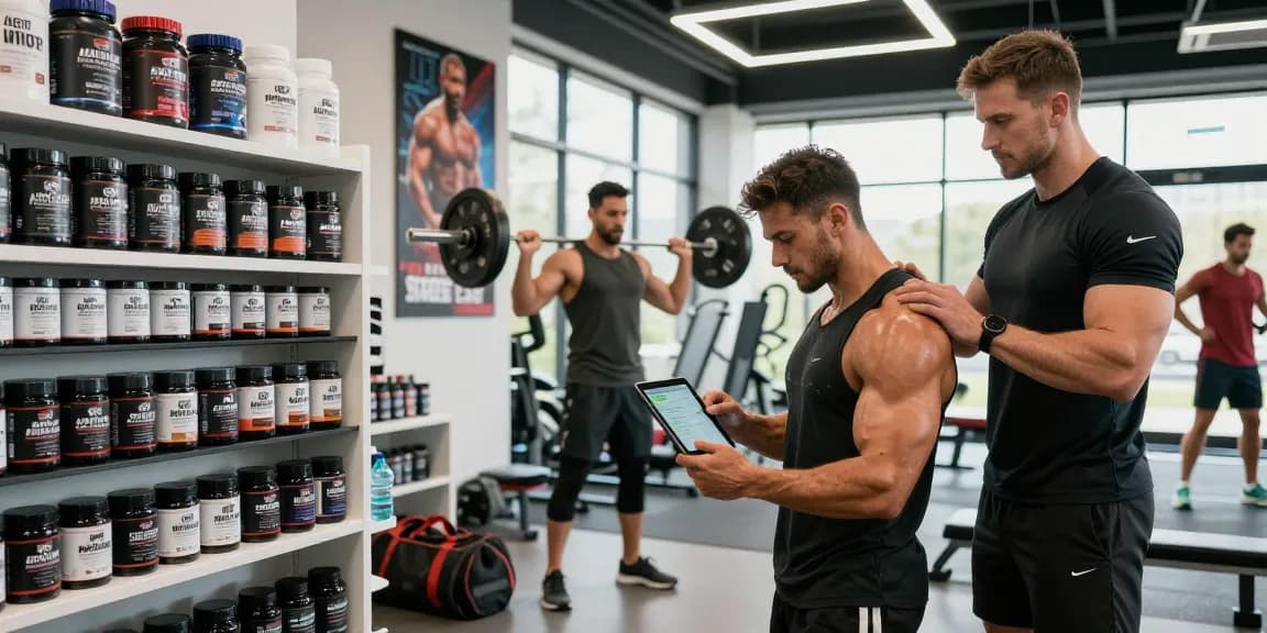 Athlete exercising in a fitness center with Astera Steroids Shop products in the background, showcasing strength training and motivation.