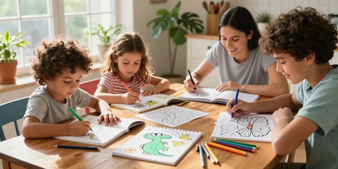 Coloring Books bringing family together, children coloring illustrations with crayons at a wooden table.