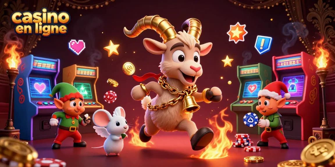 Jouez au casino en ligne avec un Krampus cartoon au milieu de machines colorées et de gremlins malicieux.