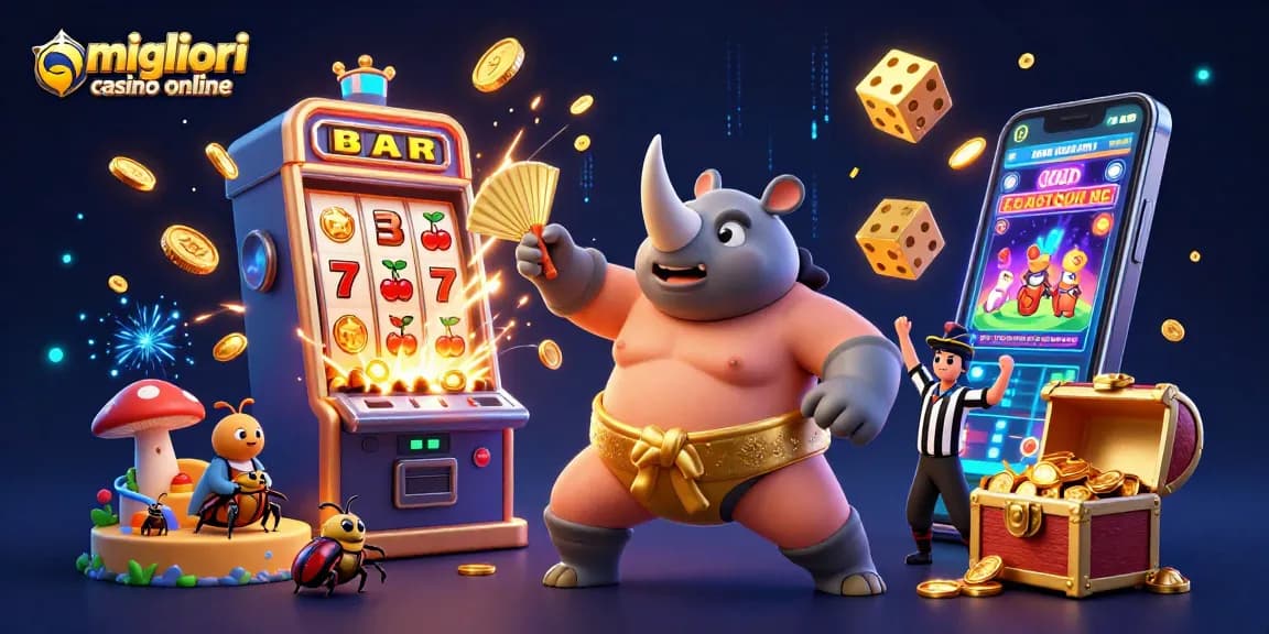 I migliori casino online in un'illustrazione 3D mostrandoli in azione con slot machine e premi.