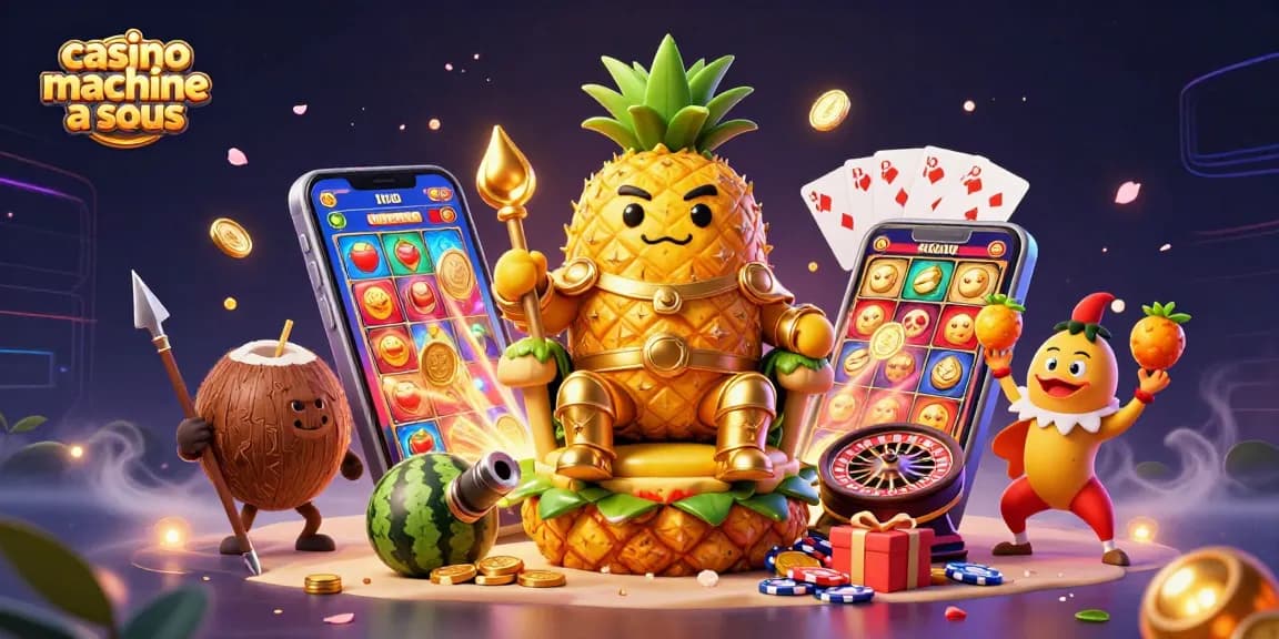 Jouer à la machine à sous de casino avec une illustration de roi en ananas et des gardes de noix de coco sur un casino tropical.