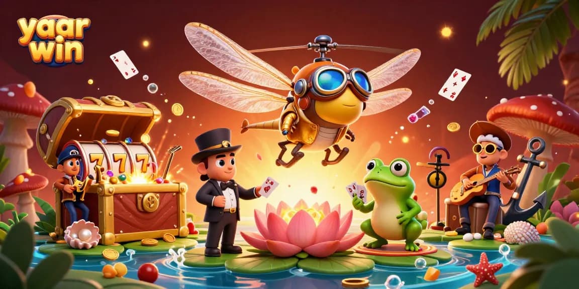 Engage with yaar win at a lively casino scene featuring a dragonfly pilot and frog dealer.