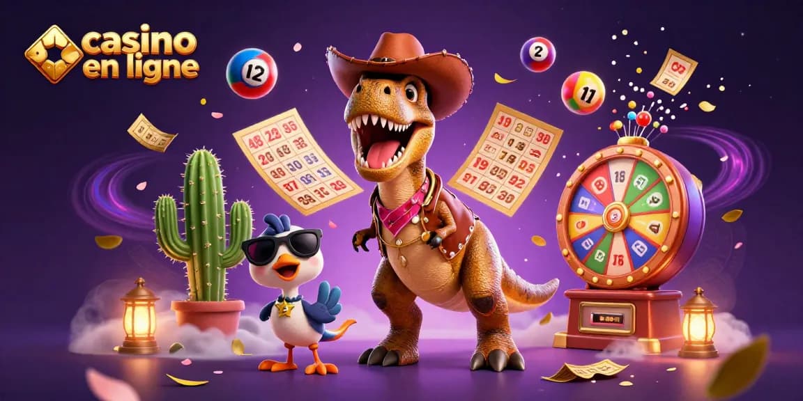 Jouer sur casino en ligne avec une illustration dynamique animée mettant en vedette un dinosaure cowboy et des jeux de loterie colorés.