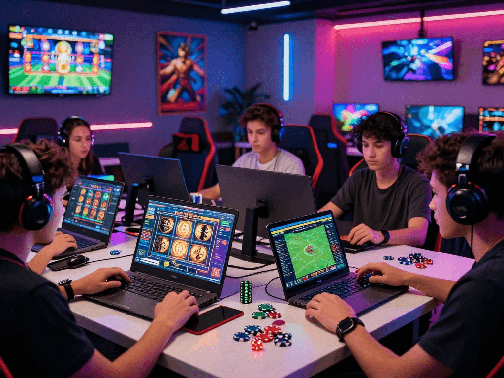 Raja328 gaming scene with players focused on vibrant games across devices in a lively gaming lounge.