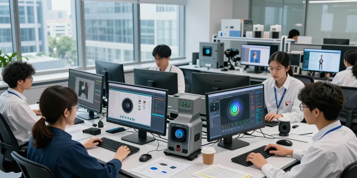 AI image detector analysis scene with scientists evaluating digital images.