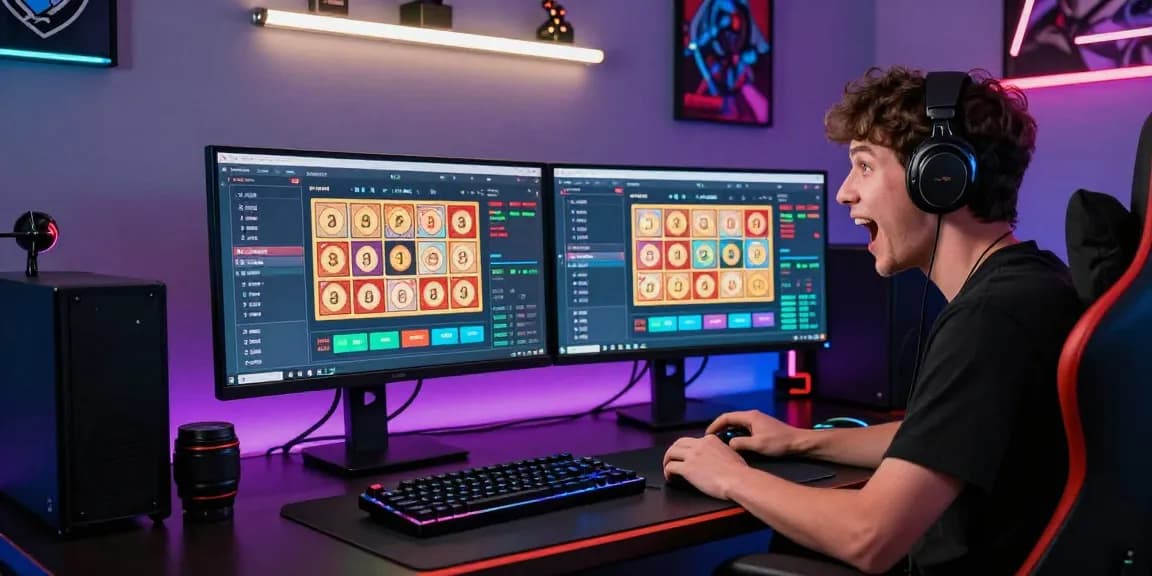 Seorang pemain antusias menggunakan diana4d dalam permainan togel online dengan monitor ganda menampilkan hasil dan analisis.