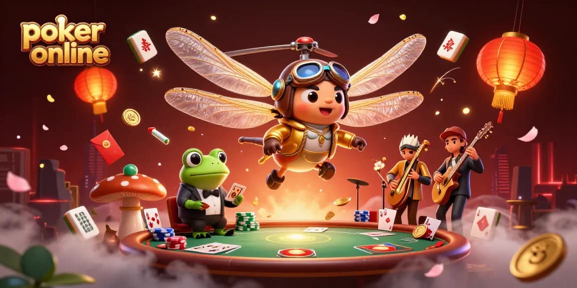 Jouez au poker en ligne avec notre croupier grenouille et votre pilote libellule dans un casino aux couleurs vibrantes.