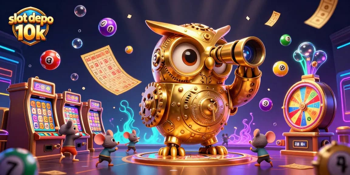 Engage with thrilling slot depo 10k games alongside whimsical characters in a vibrant casino scene.