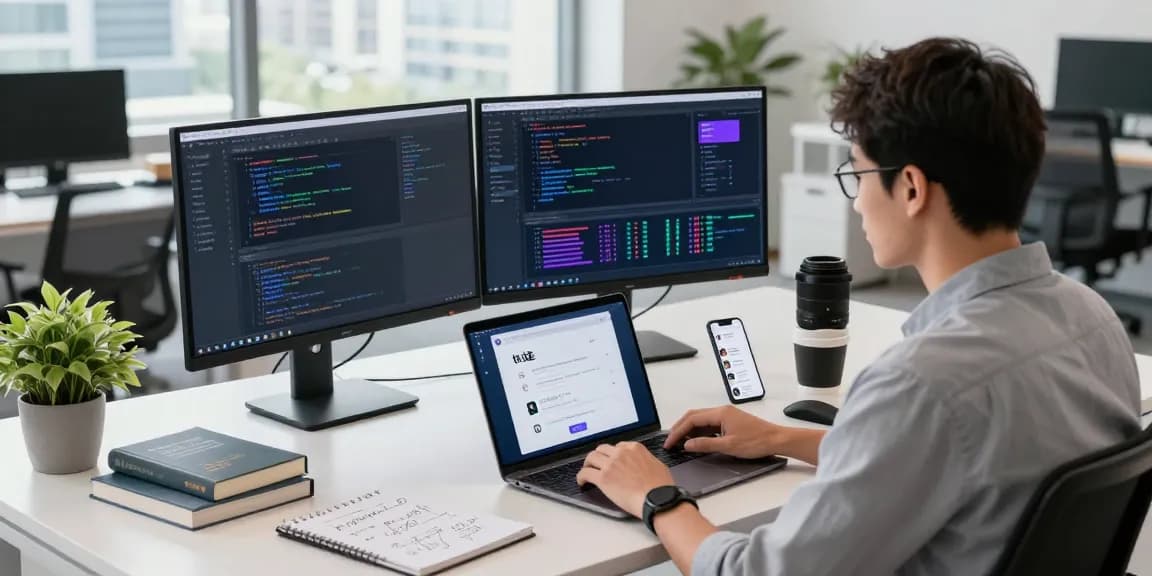 快连 network acceleration app development scene in a modern tech workspace, showcasing vibrant code and a focused developer.