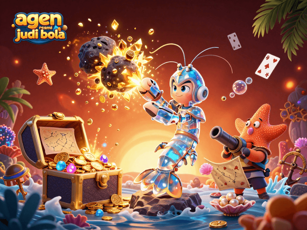 Bet on agen resmi judi bola as a vibrant illustration showcases a galactic arena filled with treasures and sports elements.