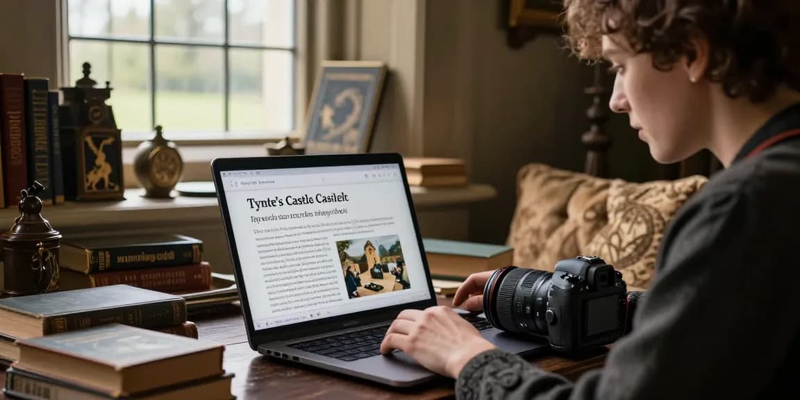 Engaging reader on https://tyntescastle.com exploring Tynte's Castle history with artifacts in cozy atmosphere.