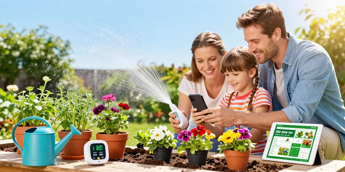 Family using RainPoint WiFi water timer in a vibrant garden, showcasing smart watering technology.