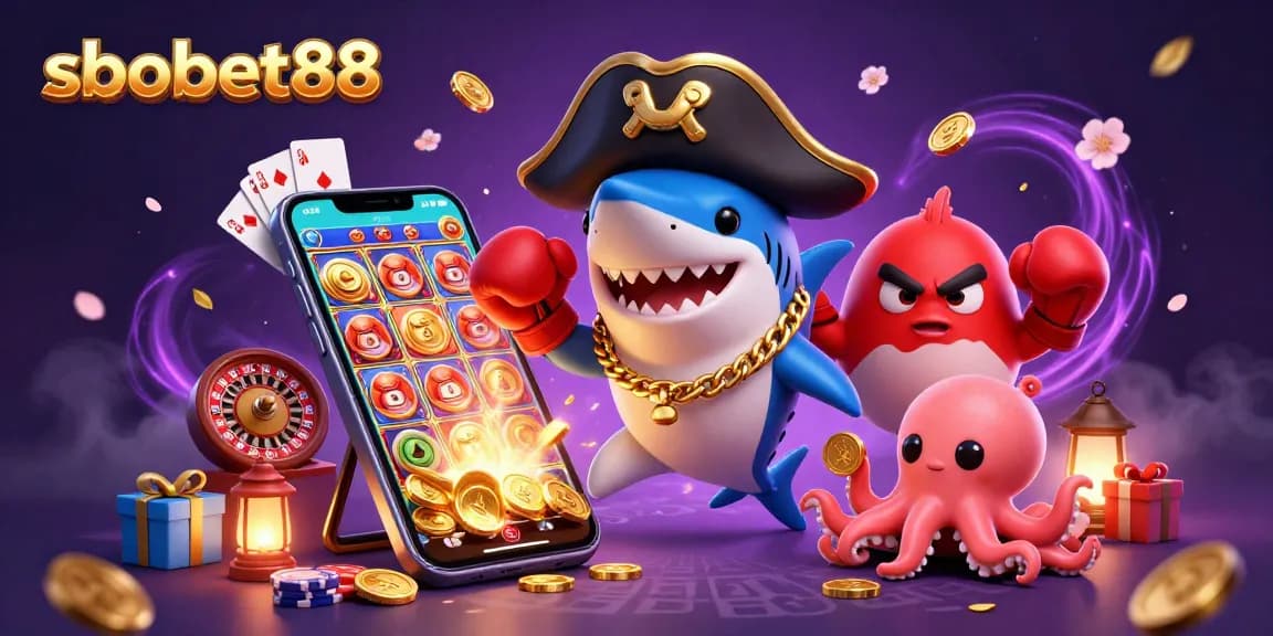 Engage in thrilling sbobet88 opportunities with vibrant casino characters surrounded by gold coins and games.
