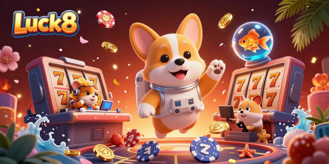 Engage in exciting gameplay at Luck8 with a vibrant casino scene featuring an astronaut corgi and dynamic gaming elements.